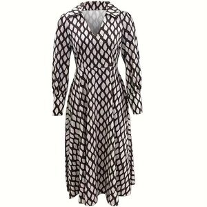 STYLEWE Black and White Long Sleeve Geometric Midi Dress